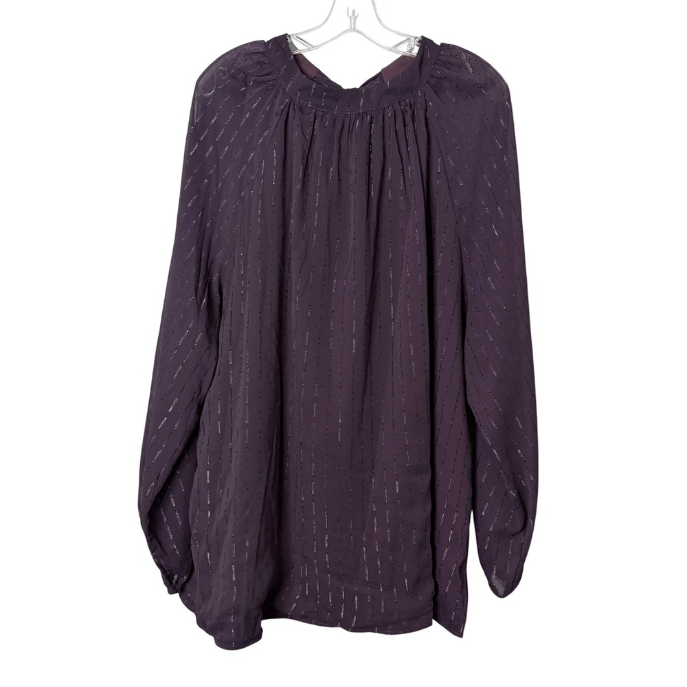 Bloomchic Blouse Womens 22 24 Purple Metallic Stripe Tie Back Mock Neck Top